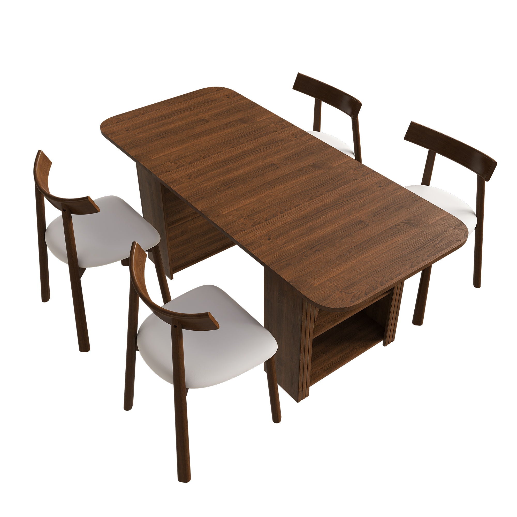 Dining Set With 4 Chairs, Table With Drawers & Open Shelf - Walnut