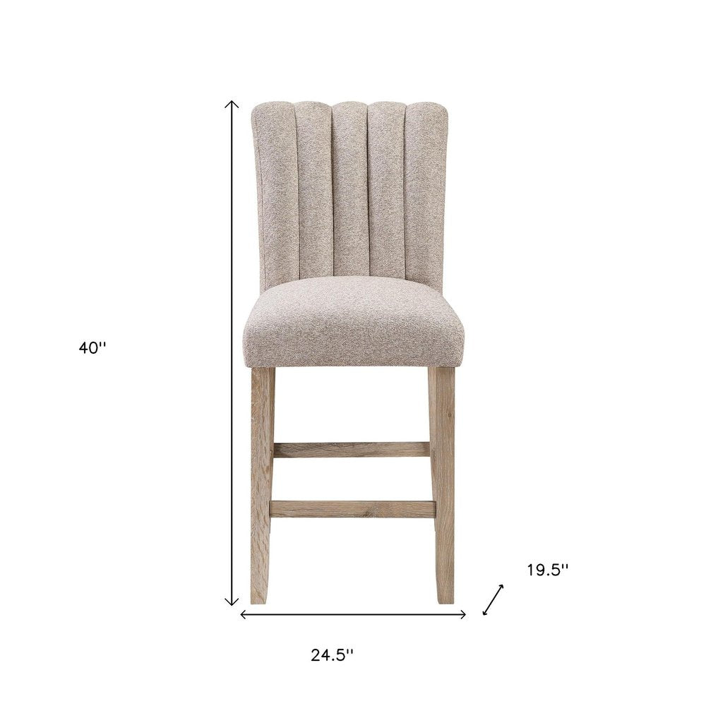 Set of Two 26" Beige and Natural Fabric and Wood Bar Height Bar Chairs