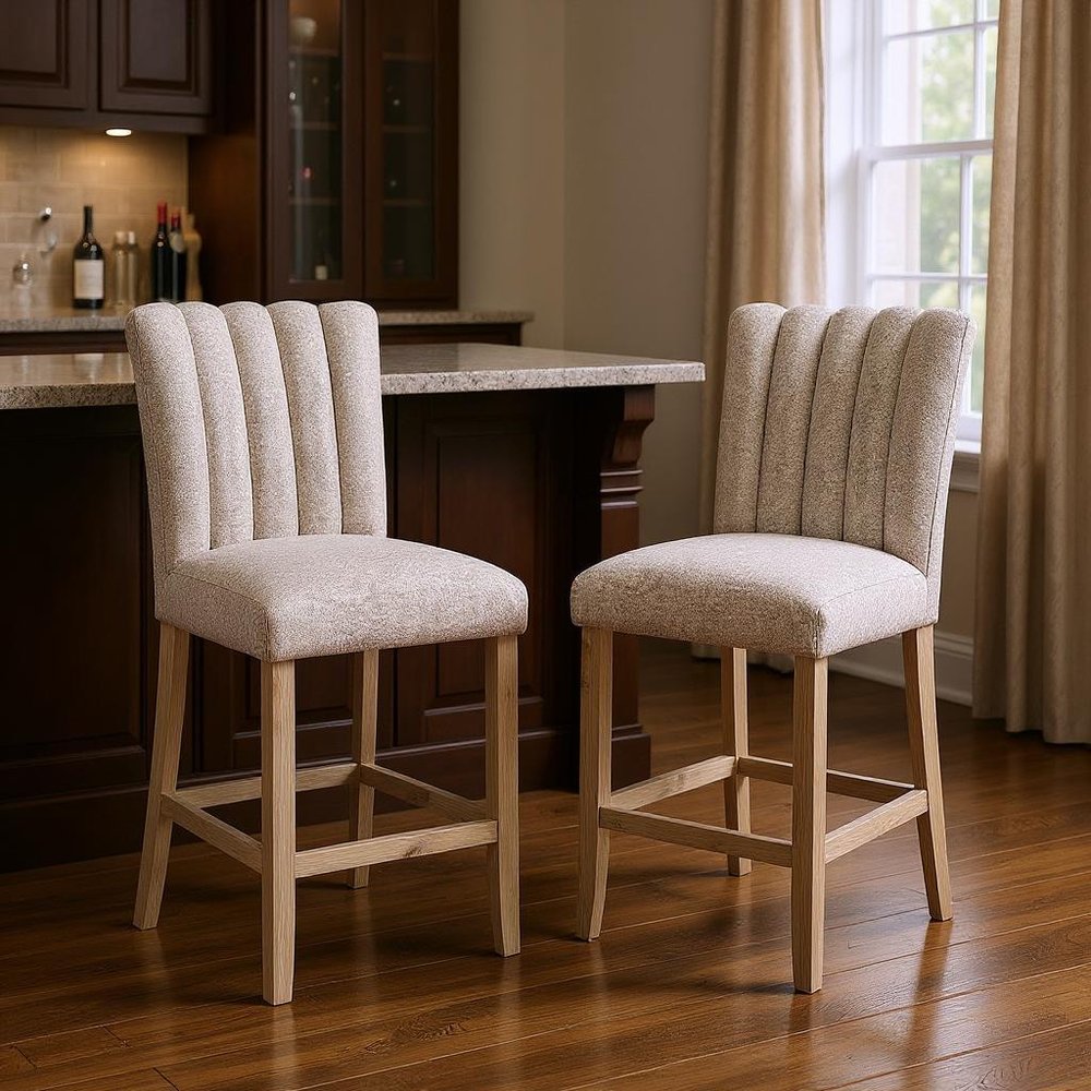 Set of Two 26" Beige and Natural Fabric and Wood Bar Height Bar Chairs