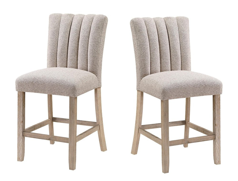 Set of Two 26" Beige and Natural Fabric and Wood Bar Height Bar Chairs