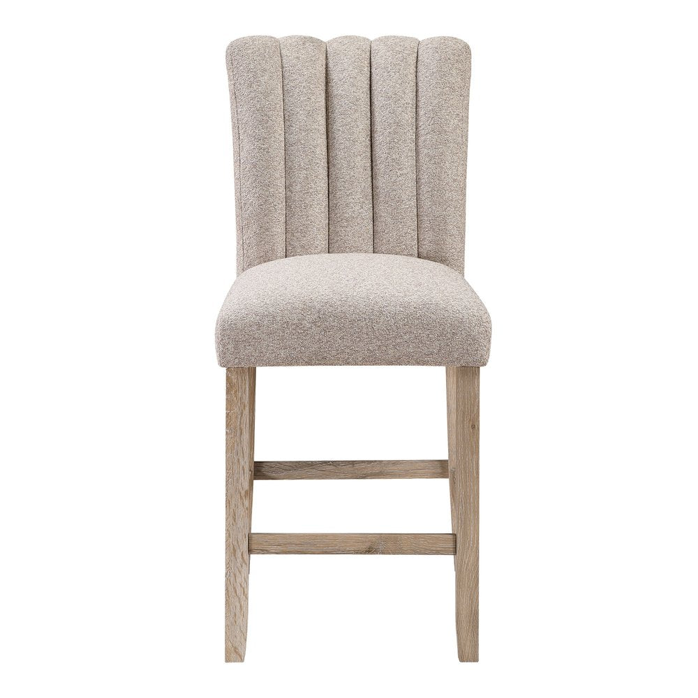 Set of Two 26" Beige and Natural Fabric and Wood Bar Height Bar Chairs