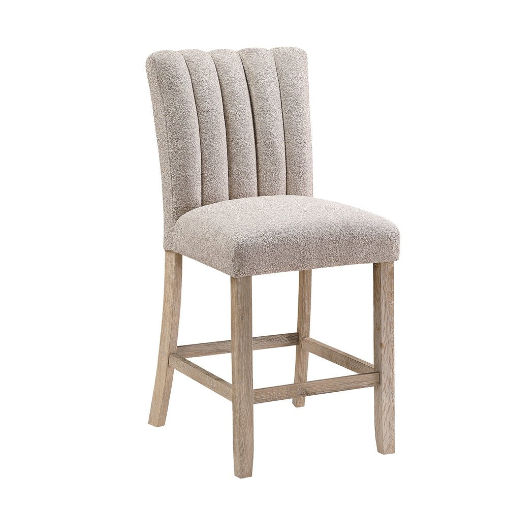 Set of Two 26" Beige and Natural Fabric and Wood Bar Height Bar Chairs