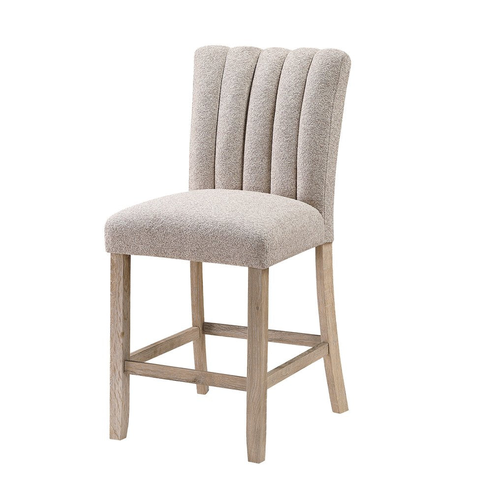 Set of Two 26" Beige and Natural Fabric and Wood Bar Height Bar Chairs