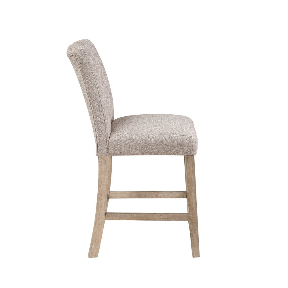 Set of Two 26" Beige and Natural Fabric and Wood Bar Height Bar Chairs
