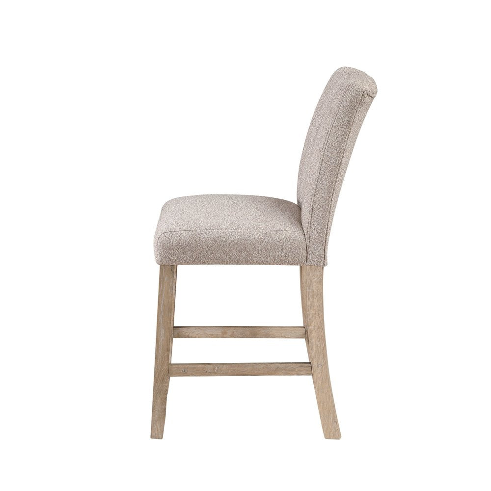 Set of Two 26" Beige and Natural Fabric and Wood Bar Height Bar Chairs