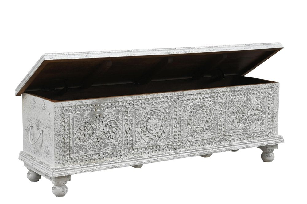 54" White Solid Wood Medallion Storage Ottoman