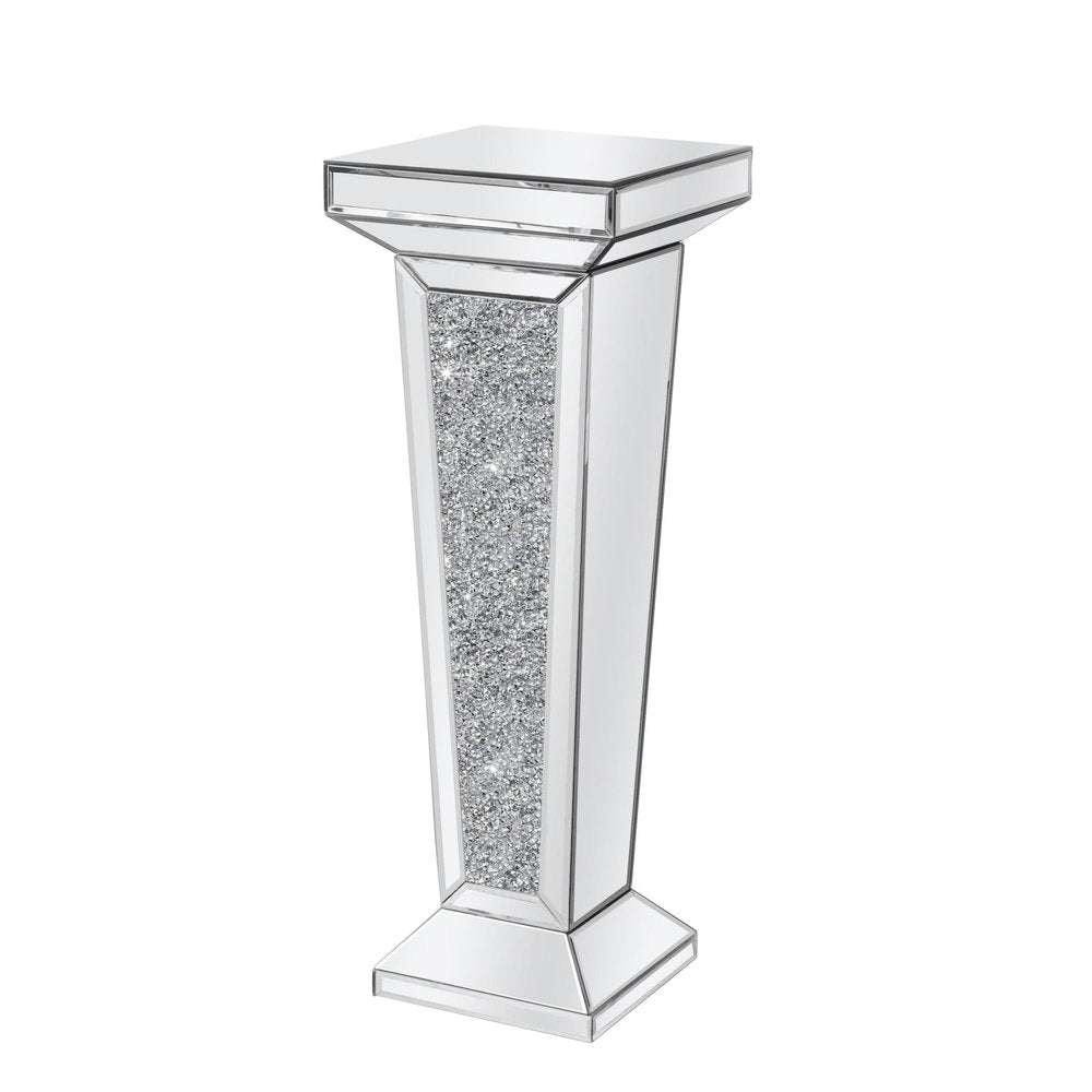 35" Silver Mirrored Glass And Faux Crystals Pedestal Accent Table