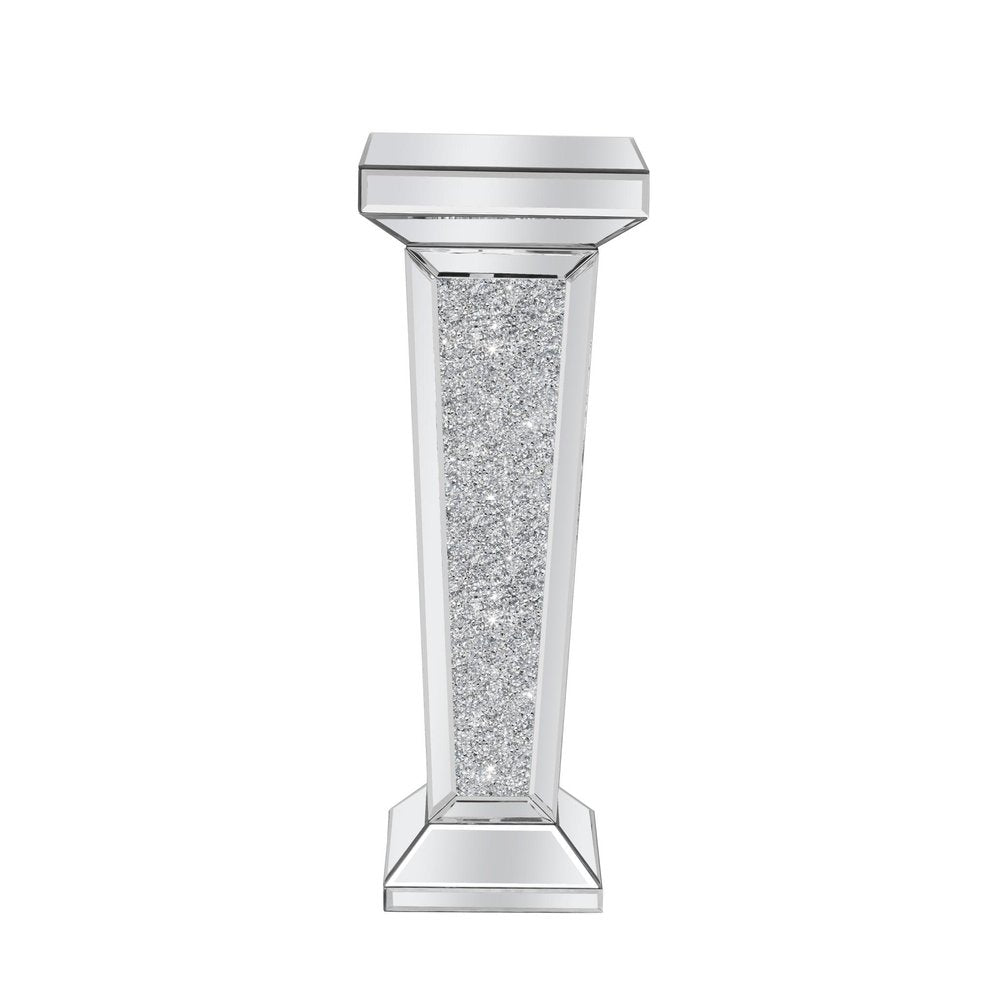 35" Silver Mirrored Glass And Faux Crystals Pedestal Accent Table