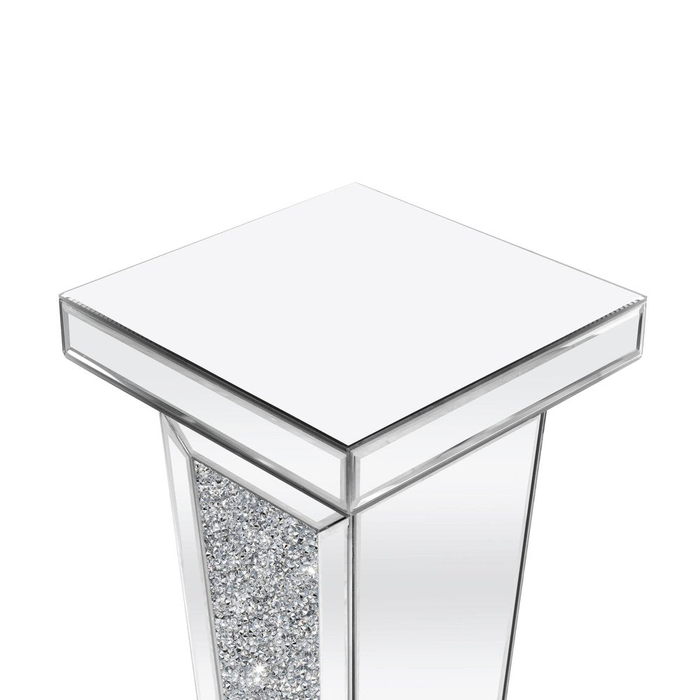 35" Silver Mirrored Glass And Faux Crystals Pedestal Accent Table