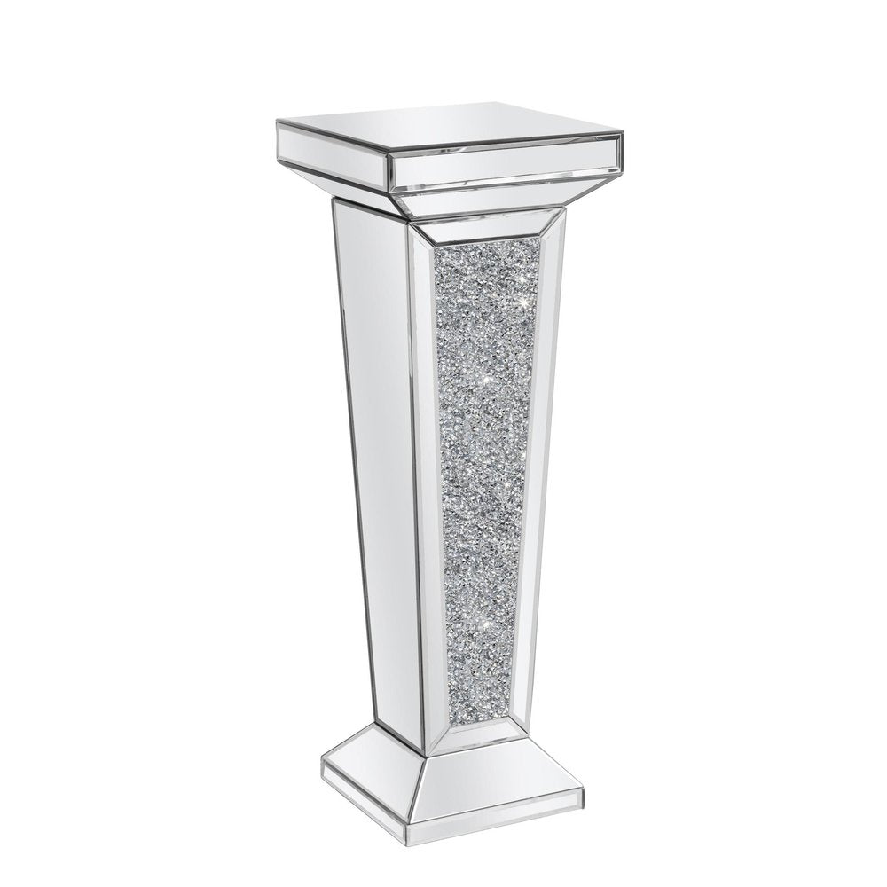 35" Silver Mirrored Glass And Faux Crystals Pedestal Accent Table