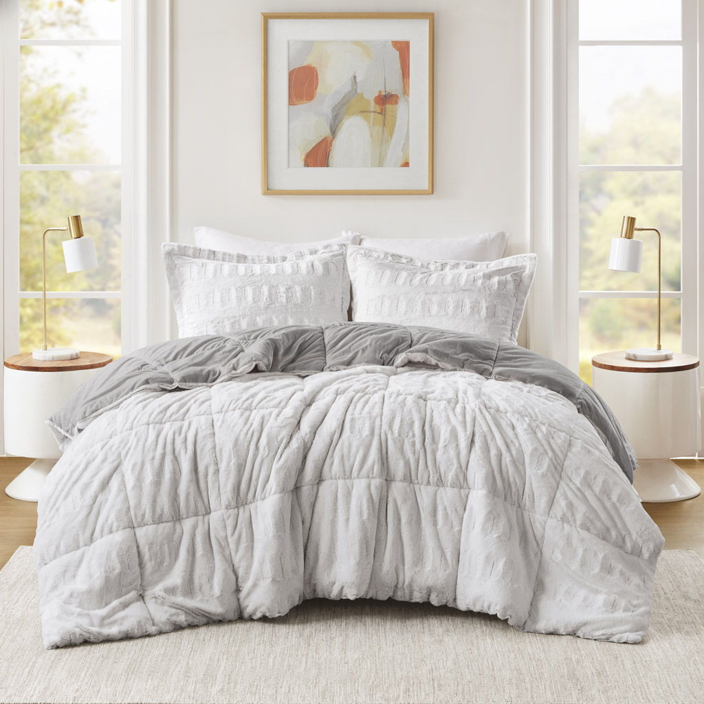 Gia - Twin Back Print Long Comforter Mini Set - Gray