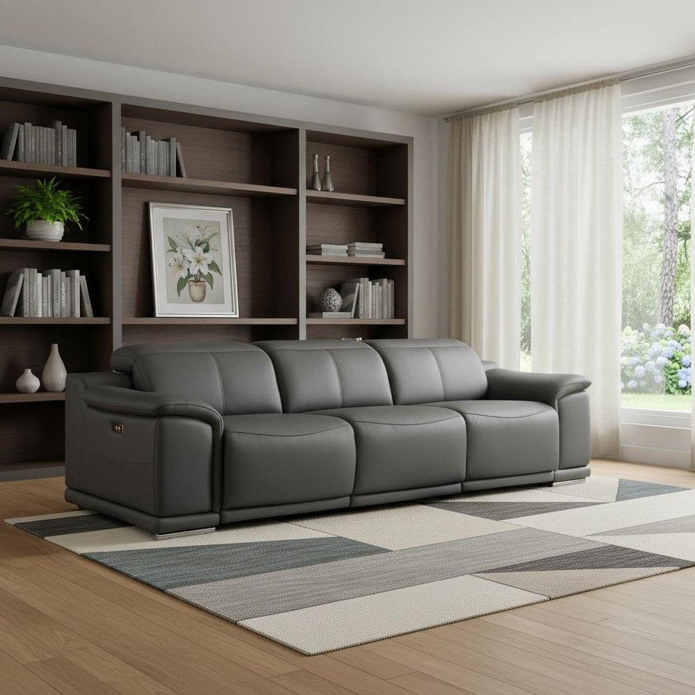 107" Light Gray Top Grain Leather Reclining USB Sofa