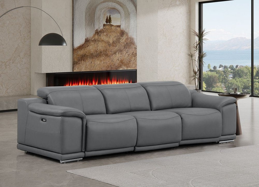 107" Light Gray Top Grain Leather Reclining USB Sofa