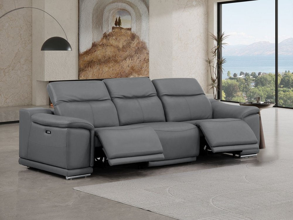 107" Light Gray Top Grain Leather Reclining USB Sofa