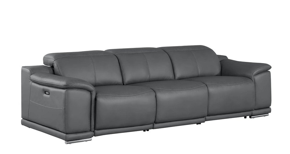 107" Light Gray Top Grain Leather Reclining USB Sofa