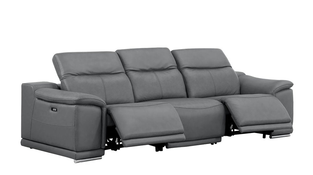 107" Light Gray Top Grain Leather Reclining USB Sofa