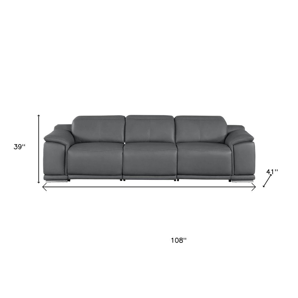 107" Light Gray Top Grain Leather Reclining USB Sofa