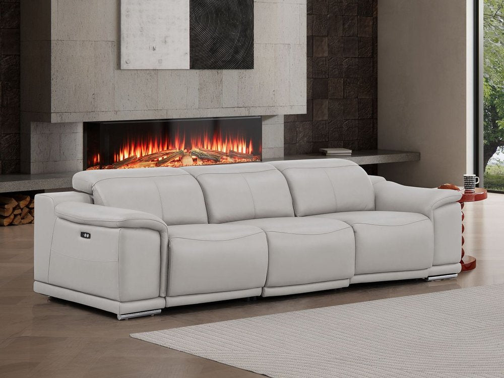 107" Light Gray Top Grain Leather Reclining USB Sofa