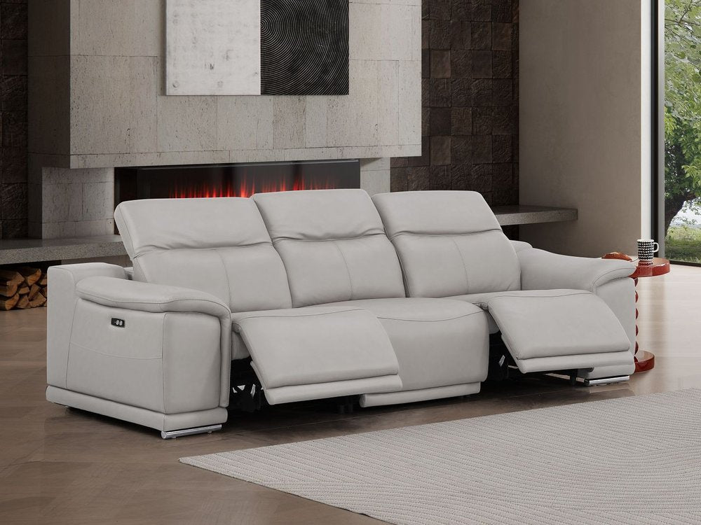 107" Light Gray Top Grain Leather Reclining USB Sofa