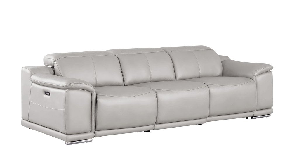 107" Light Gray Top Grain Leather Reclining USB Sofa