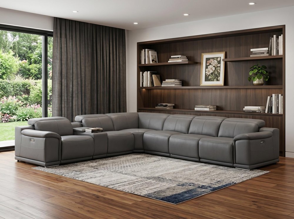 Battleship Gray Leather Modular L Shaped Seven Piece Corner Sectional With Console