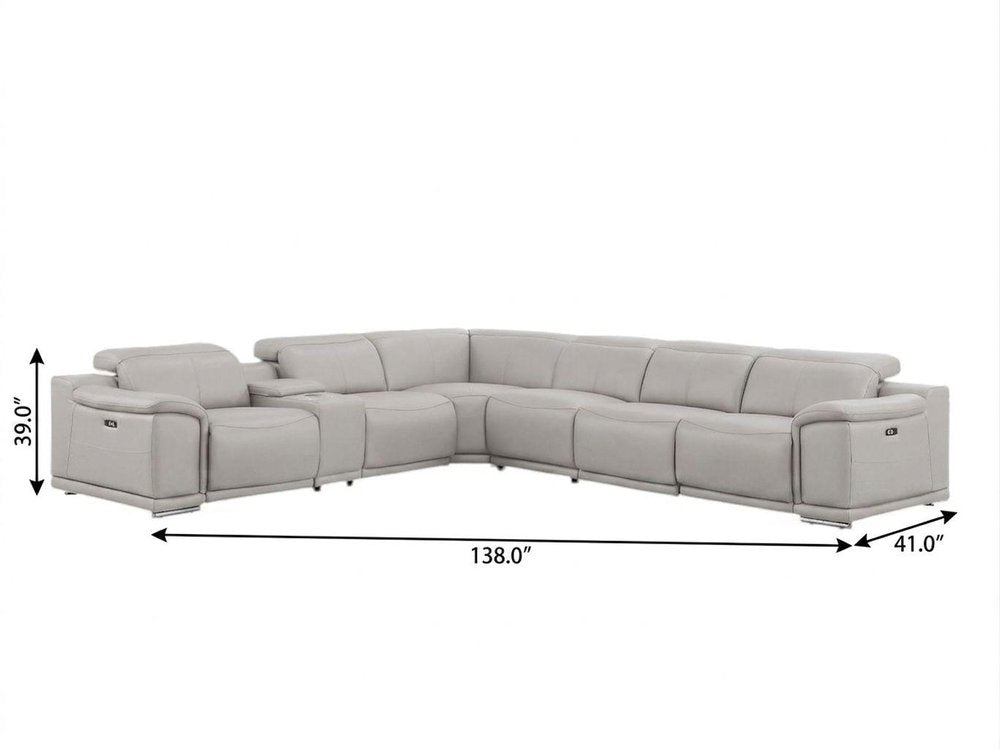 Ash Gray Leather Modular L Shaped Seven Piece Corner Sectional With Console