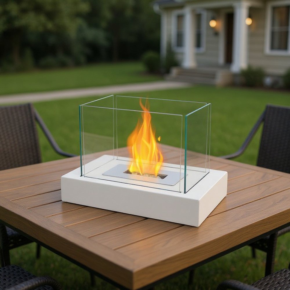 14" White And Clear Metal And Glass BioEthanol Portable Tabletop Firepit