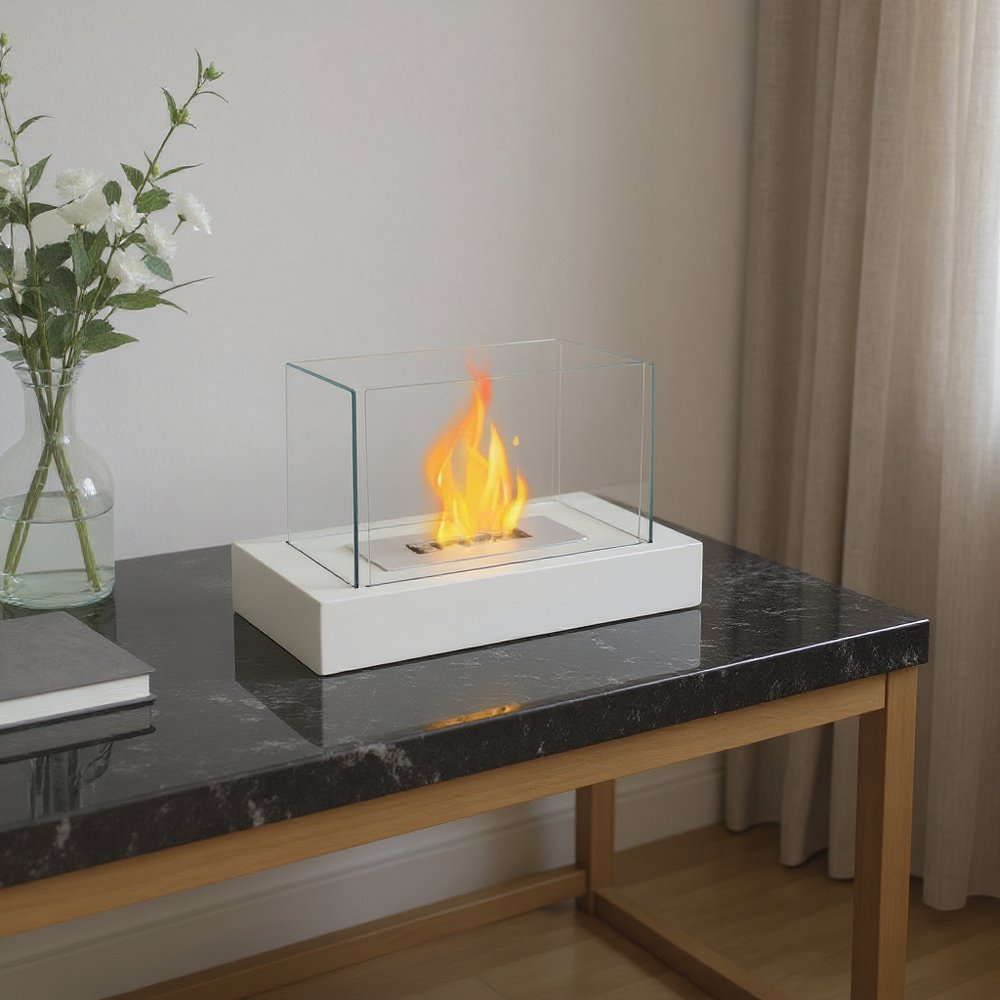 14" White And Clear Metal And Glass BioEthanol Portable Tabletop Firepit