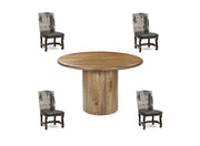 Five Piece Brown Round Solid Wood Dining Set with Four Chairs