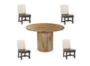 Five Piece Brown Round Solid Wood Dining Set with Four Chairs