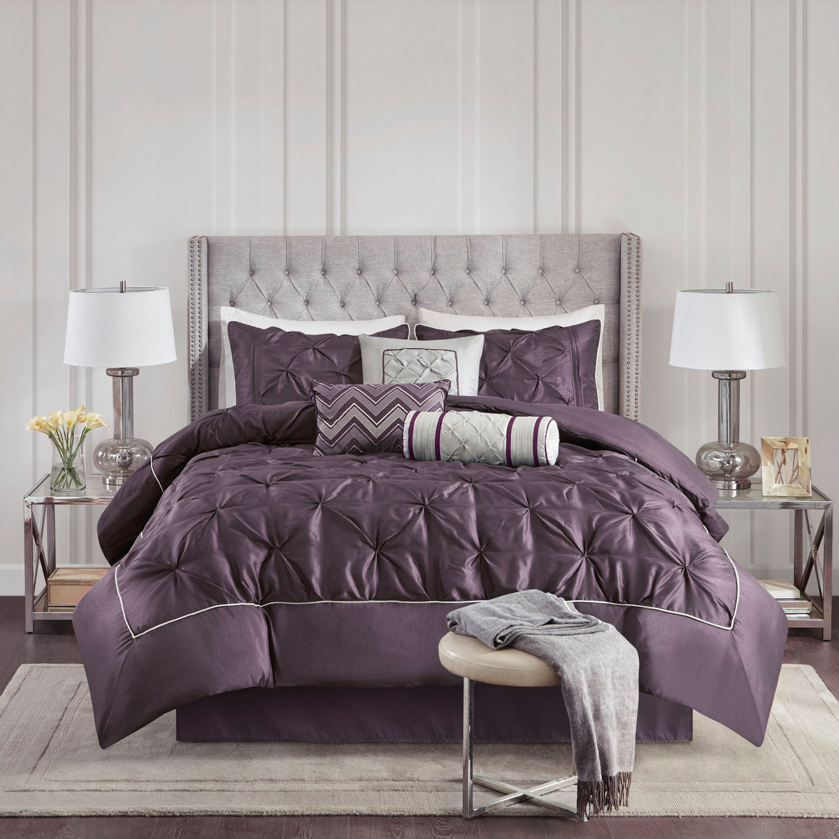 Laurel - Queen Pieced Pleated 7 Piece Tufted Comforter Set - Plum