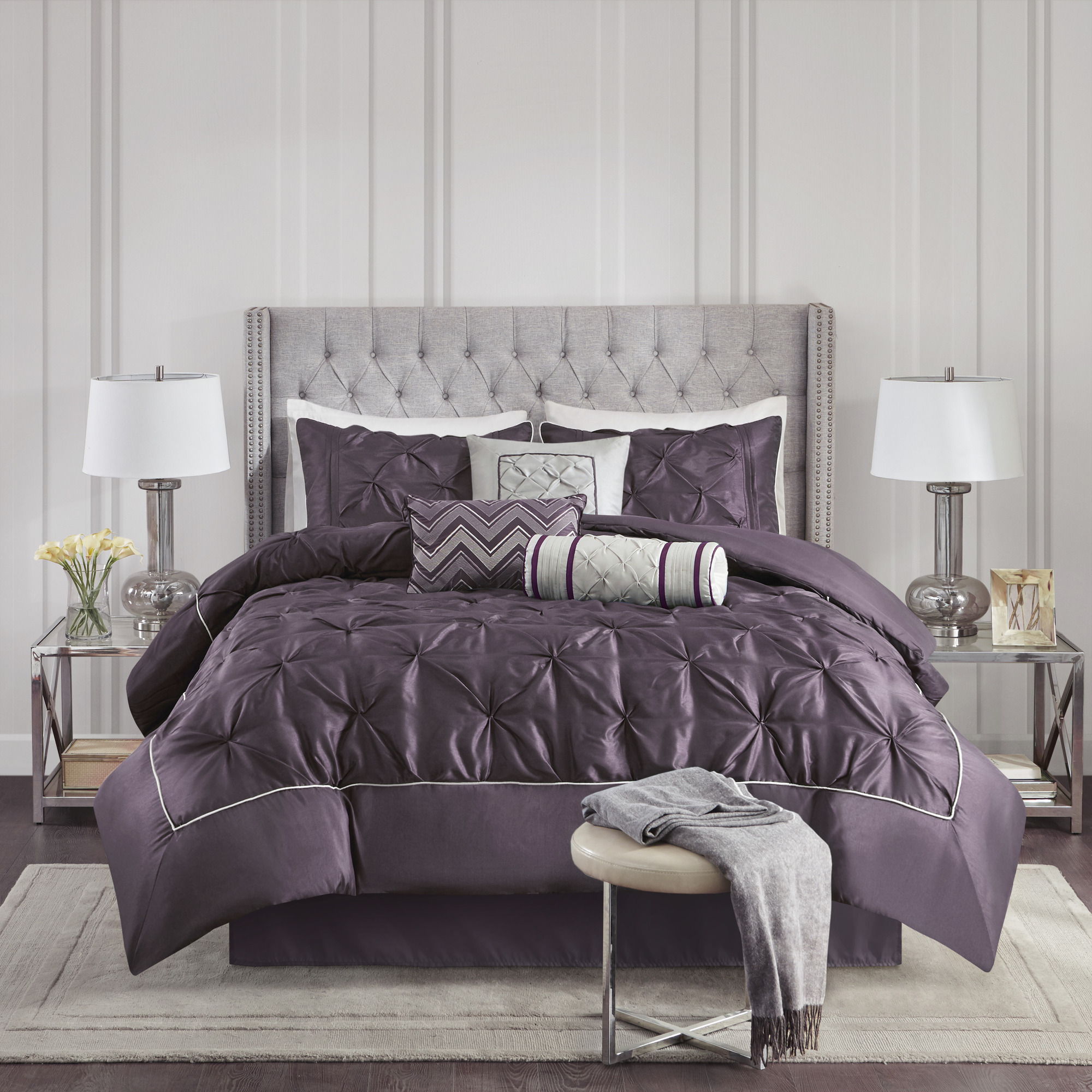 Laurel - Full Pieced Pleated 7 Piece Tufted Comforter Set - Plum