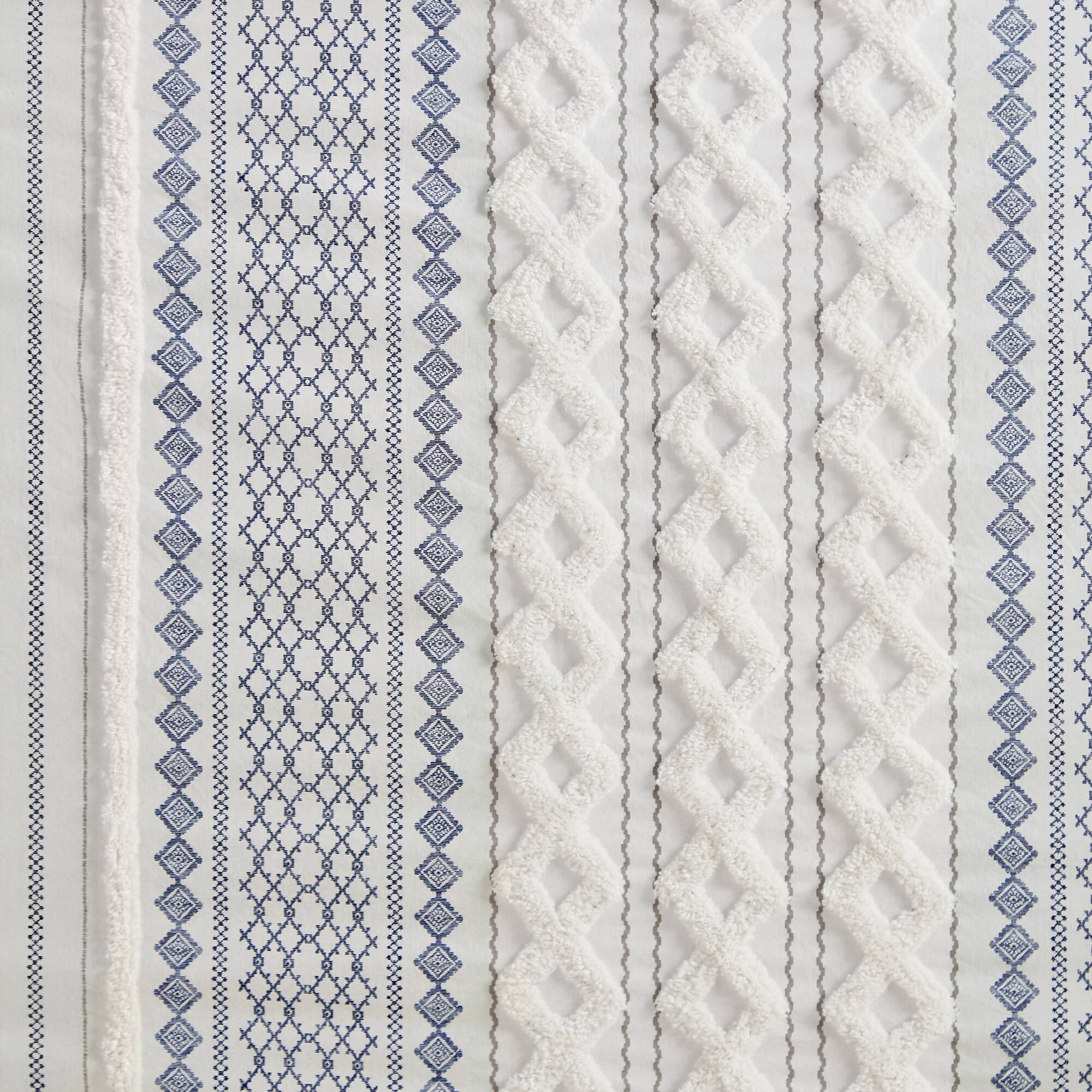 Imani - Cotton Printed Shower Curtain With Chenille - White / Navy