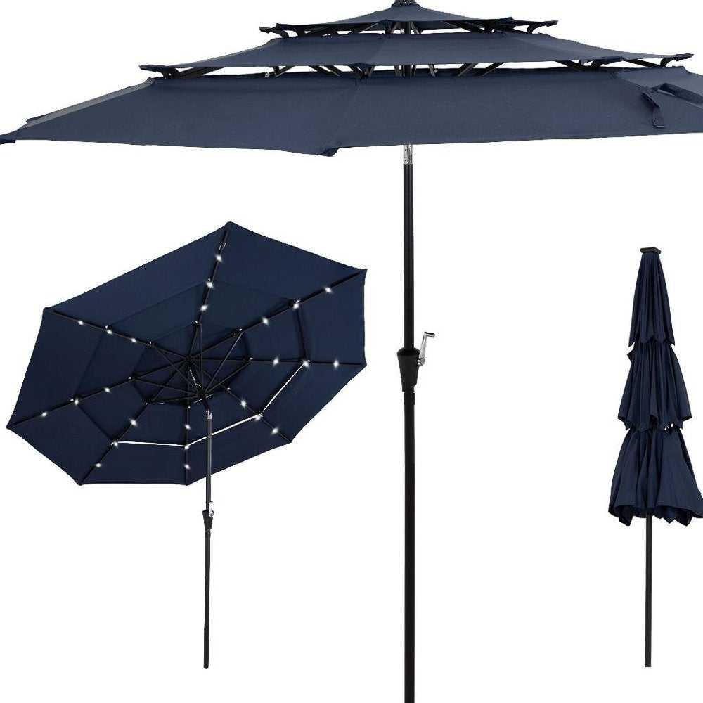 10' Dark Blue Polyester Octagonal Tilt Lighted Market Patio Umbrella