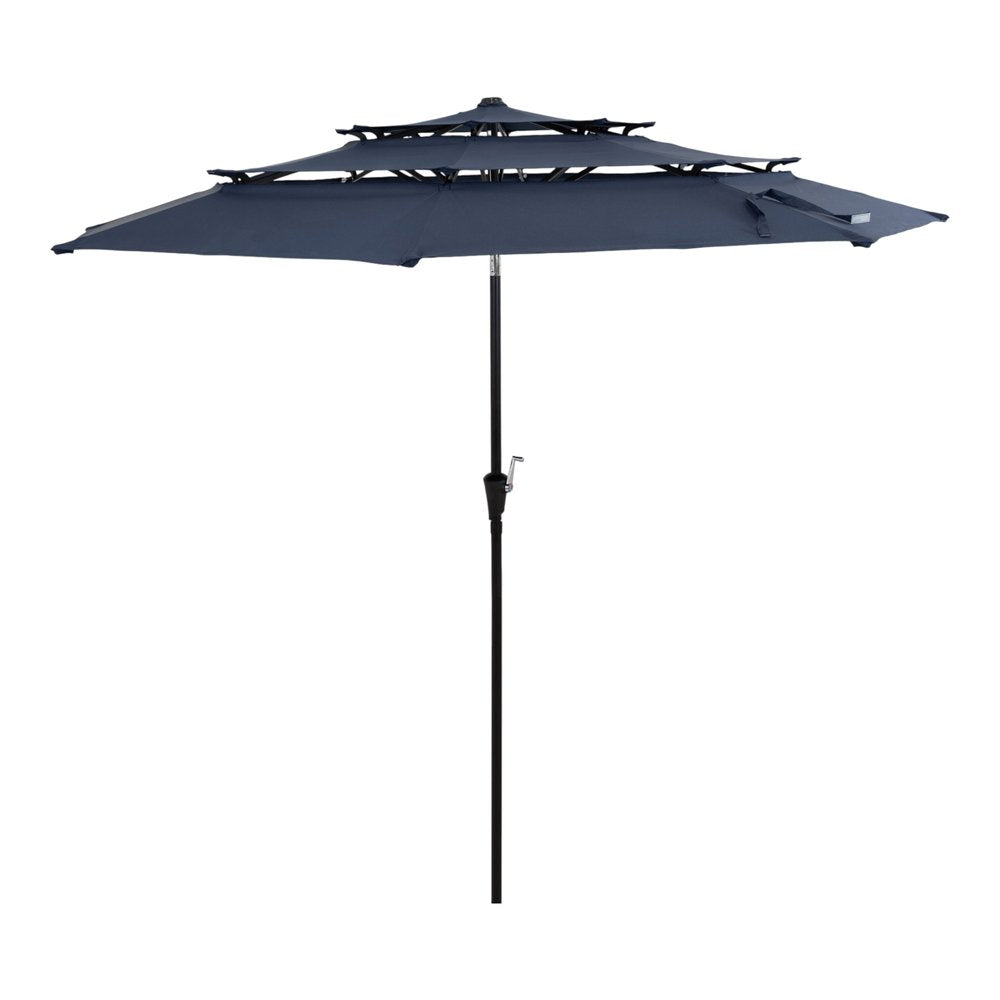 10' Dark Blue Polyester Octagonal Tilt Lighted Market Patio Umbrella