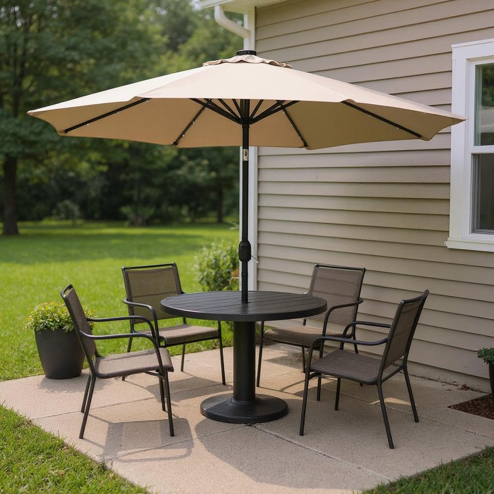 9' Beige Polyester Octagonal Tilt Lighted Market Patio Umbrella
