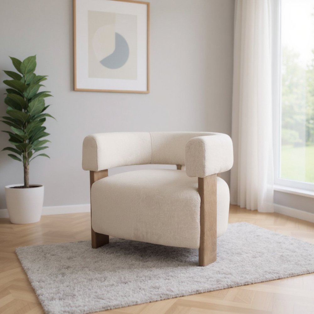 31" White and Brown Boucle and Solid Wood Arm Chair