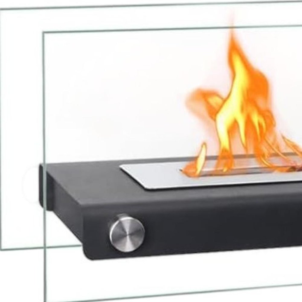 8000 BTU 14" Black And Silver Glass And Stainless Steel Bio-ethanol fuel Portable Rectangular Fire Pit