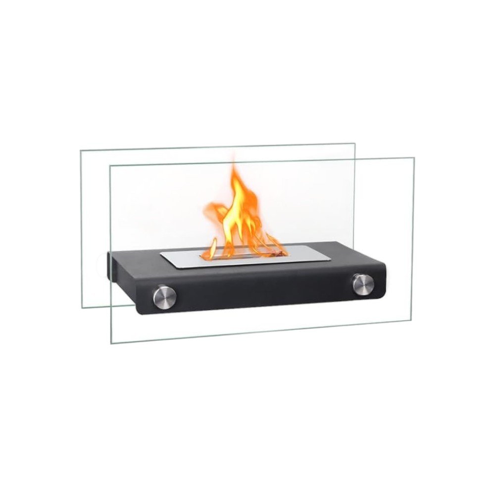 8000 BTU 14" Black And Silver Glass And Stainless Steel Bio-ethanol fuel Portable Rectangular Fire Pit