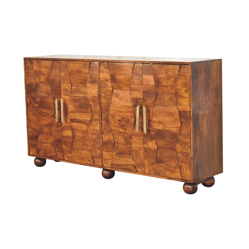 36" Chestnut Solid Wood Carved Geometric Accent Cabinet With Four Doors