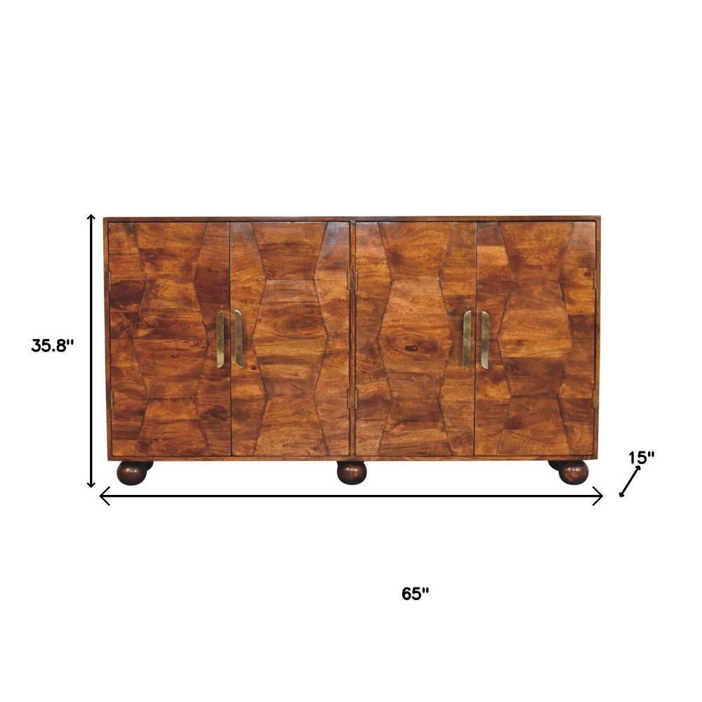 36" Chestnut Solid Wood Carved Geometric Accent Cabinet With Four Doors
