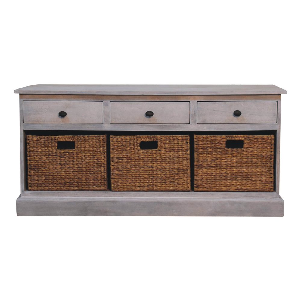 47" White and Brown Solid Wood Basket Storage Accent Cabinet With Three Drawers