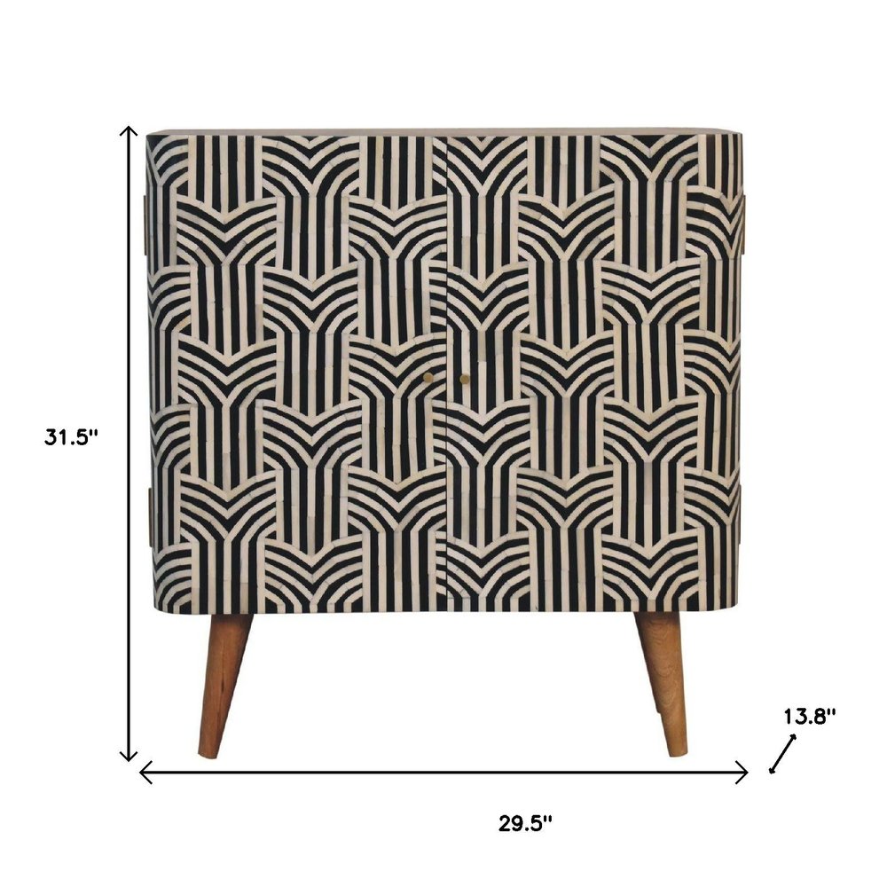 32" Dark Brown Black and White Solid Wood And Inlaid Bone Textured Accent Cabinet With Two Doors