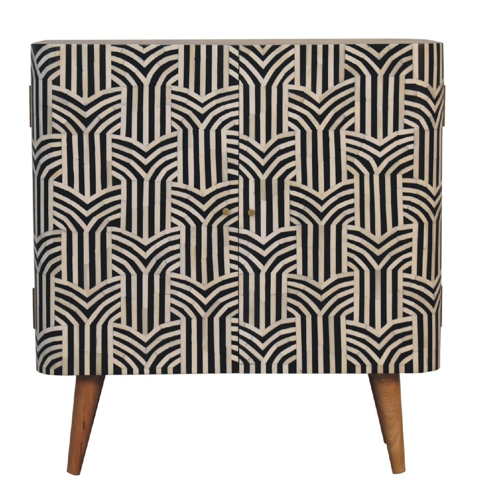 32" Dark Brown Black and White Solid Wood And Inlaid Bone Textured Accent Cabinet With Two Doors