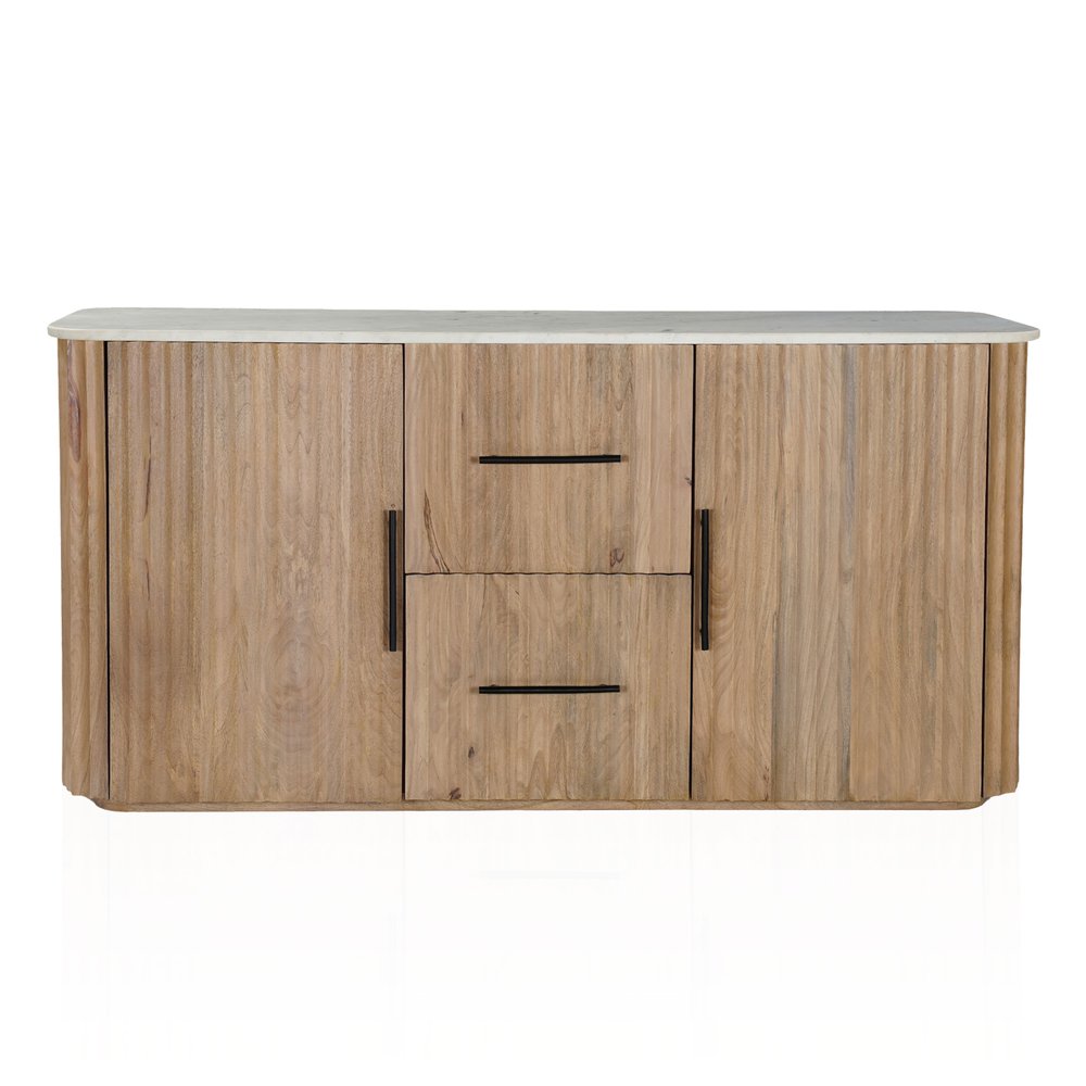 63" Brown And White Solid Wood And Marble Ribbed Texture Sideboard with Two Doors