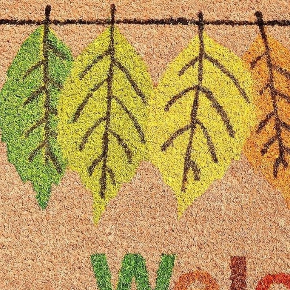 17" X 29" Natural Green and Orange Coir Botanical Leaves Welcome Outdoor Fall Door Mat