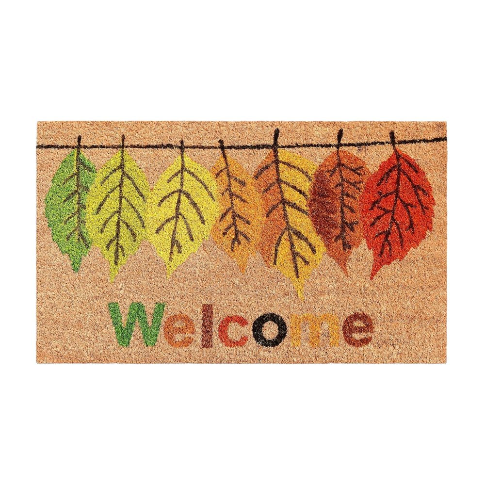 17" X 29" Natural Green and Orange Coir Botanical Leaves Welcome Outdoor Fall Door Mat