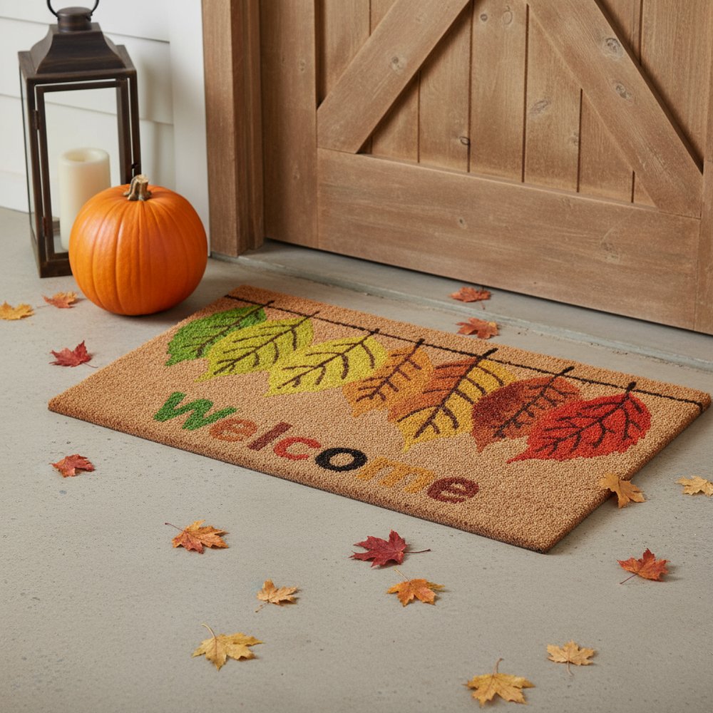 17" X 29" Natural Green and Orange Coir Botanical Leaves Welcome Outdoor Fall Door Mat