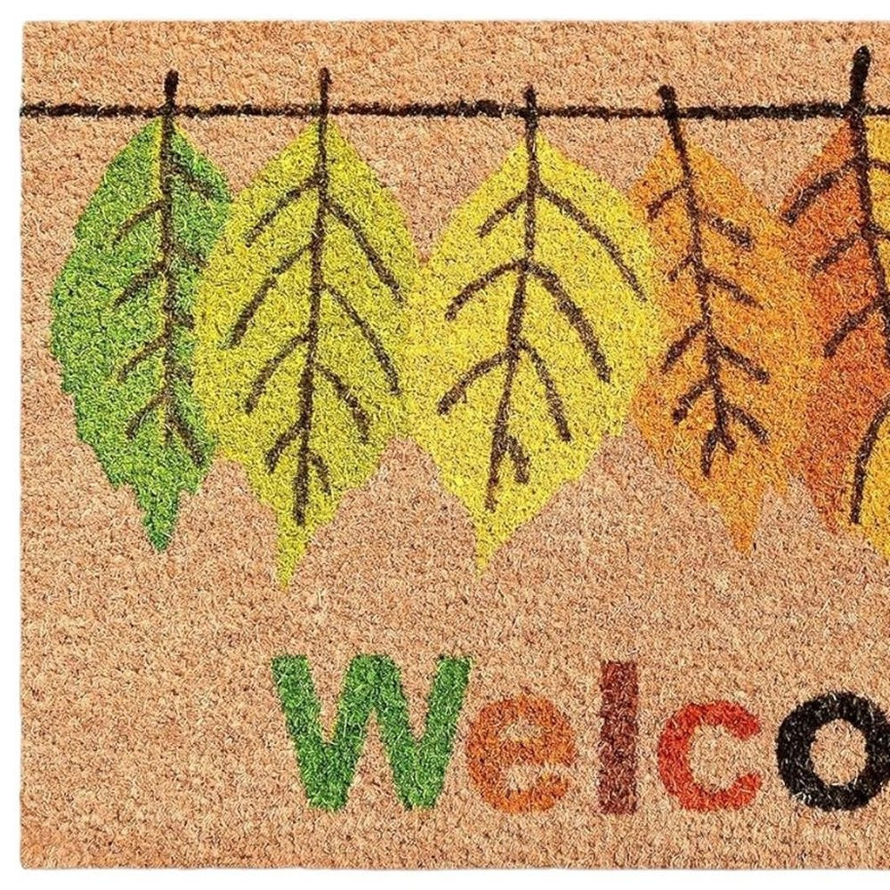 17" X 29" Natural Green and Orange Coir Botanical Leaves Welcome Outdoor Fall Door Mat