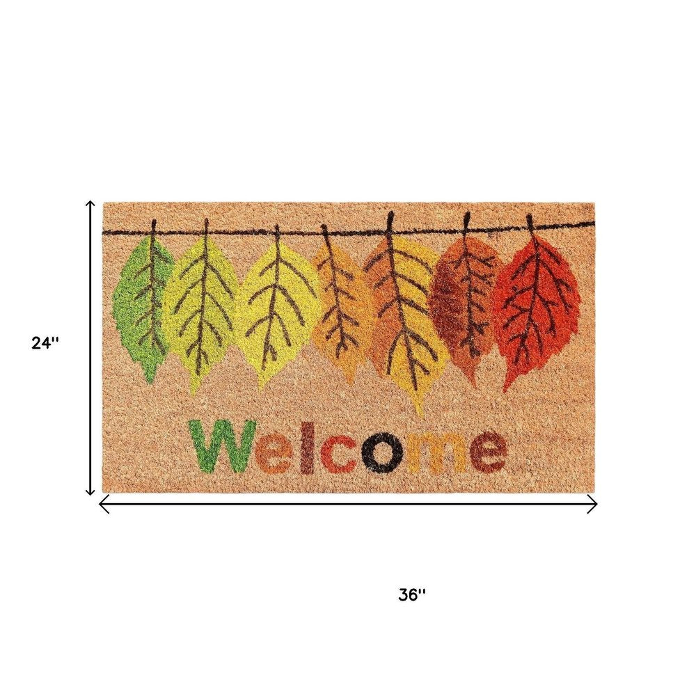 17" X 29" Natural Green and Orange Coir Botanical Leaves Welcome Outdoor Fall Door Mat